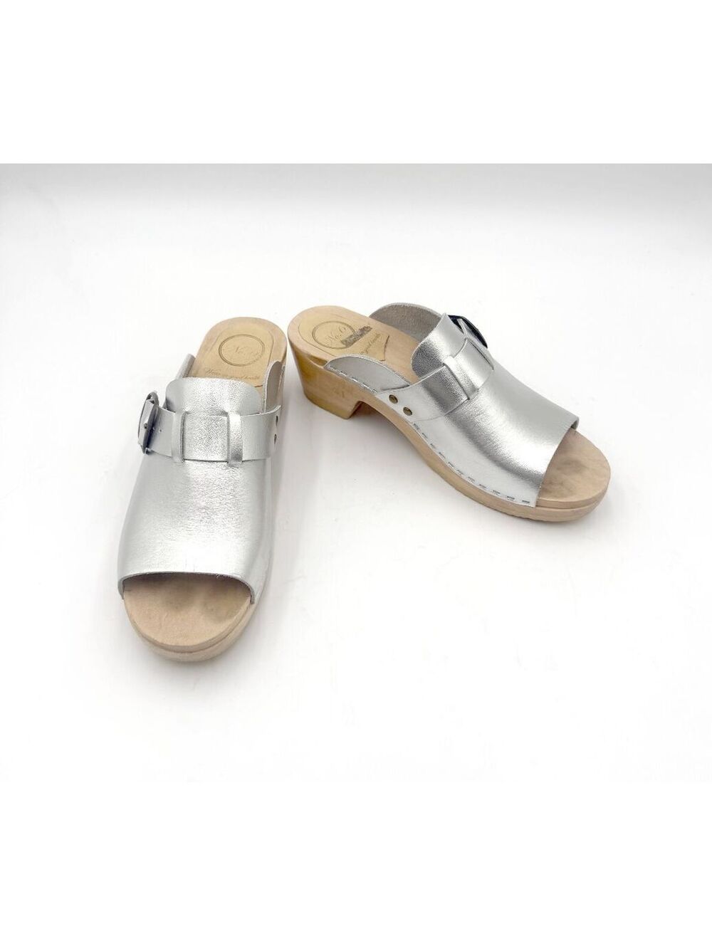 No.6 Riley Open Toe Clog Mid Heel Silver Metallic Leather Wooden Mule Size 41